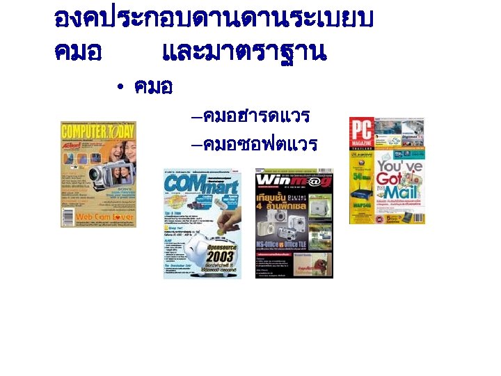 องคประกอบดานดานระเบยบ คมอ และมาตราฐาน • คมอ – คมอฮารดแวร – คมอซอฟตแวร 