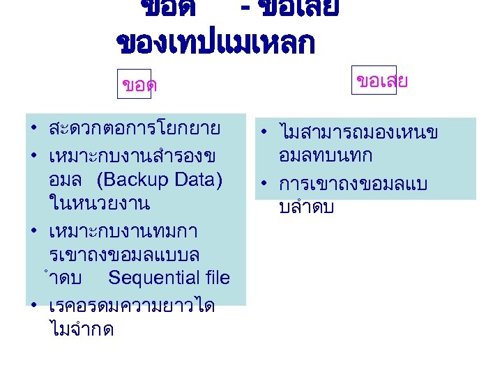 ขอด - ขอเสย ของเทปแมเหลก ขอด • สะดวกตอการโยกยาย • เหมาะกบงานสำรองข อมล (Backup Data) ในหนวยงาน •