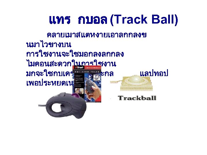 แทร กบอล (Track Ball) คลายเมาสแตหงายเอาลกกลงข นมาไวขางบน การใชงานจะใชมอกลงลกกลง ไมคอนสะดวกในการใชงาน มกจะใชกบเครองในตระกล แลปทอป เพอประหยดเนอท 