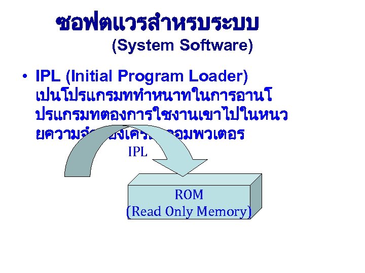 ซอฟตแวรสำหรบระบบ (System Software) • IPL (Initial Program Loader) เปนโปรแกรมททำหนาทในการอานโ ปรแกรมทตองการใชงานเขาไปในหนว ยความจำของเครองคอมพวเตอร IPL ROM (Read