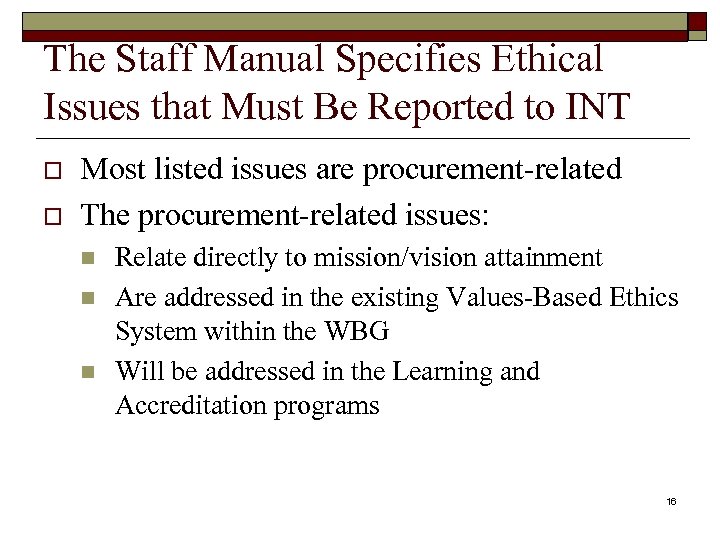 The Staff Manual Specifies Ethical Issues that Must Be Reported to INT o o