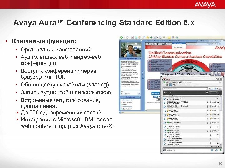 Avaya Aura™ Conferencing Standard Edition 6. х • Ключевые функции: • Организация конференций. •