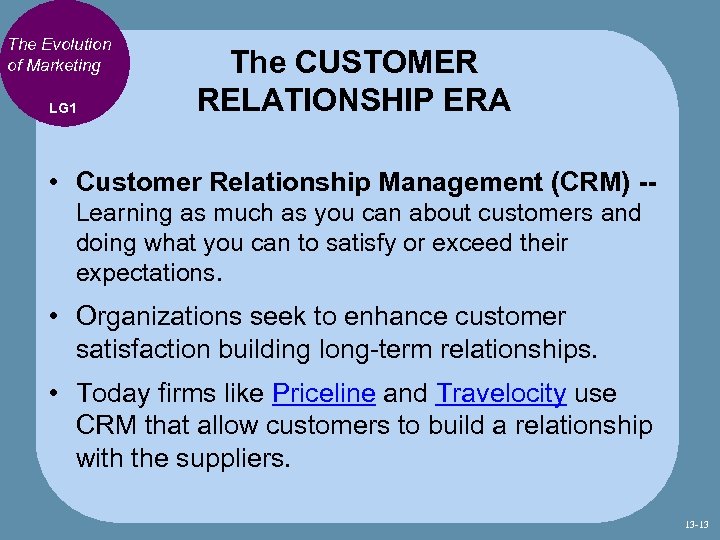 The Evolution of Marketing LG 1 The CUSTOMER RELATIONSHIP ERA • Customer Relationship Management