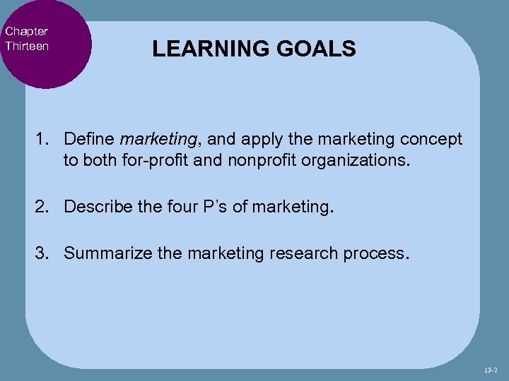 Chapter Thirteen LEARNING GOALS 1. Define marketing, and apply the marketing concept to both