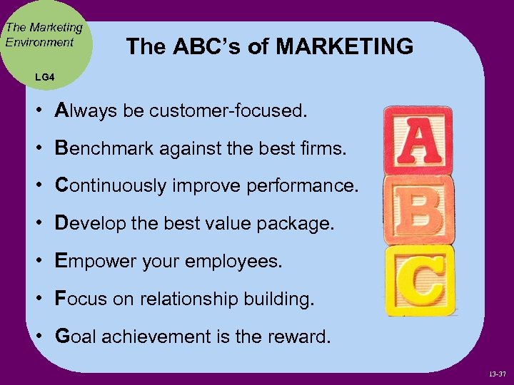 The Marketing Environment The ABC’s of MARKETING LG 4 • Always be customer-focused. •