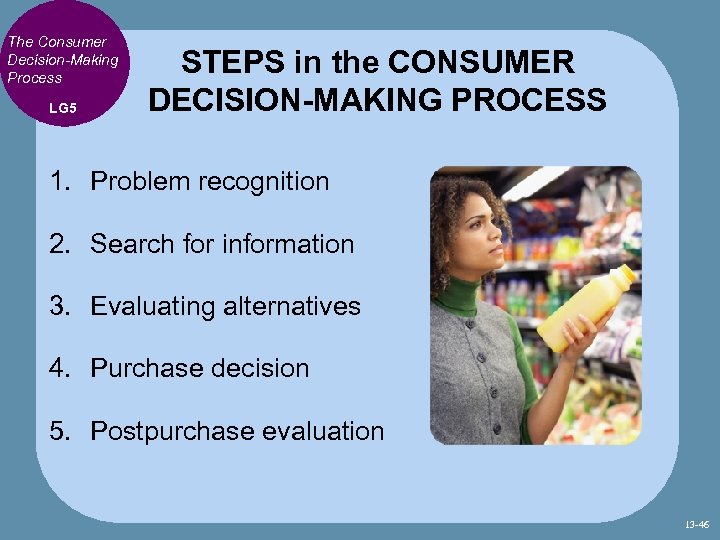 The Consumer Decision-Making Process LG 5 STEPS in the CONSUMER DECISION-MAKING PROCESS 1. Problem