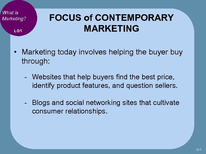 What is Marketing? LG 1 FOCUS of CONTEMPORARY MARKETING • Marketing today involves helping