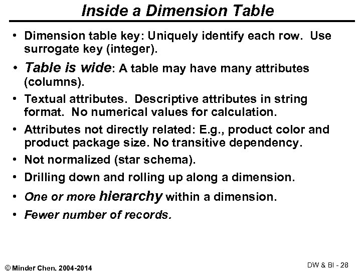 Inside a Dimension Table • Dimension table key: Uniquely identify each row. Use surrogate
