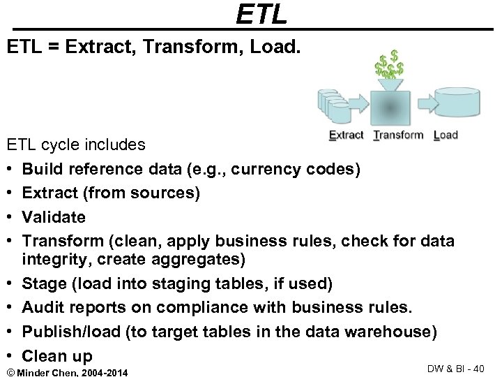 ETL = Extract, Transform, Load. ETL cycle includes • Build reference data (e. g.