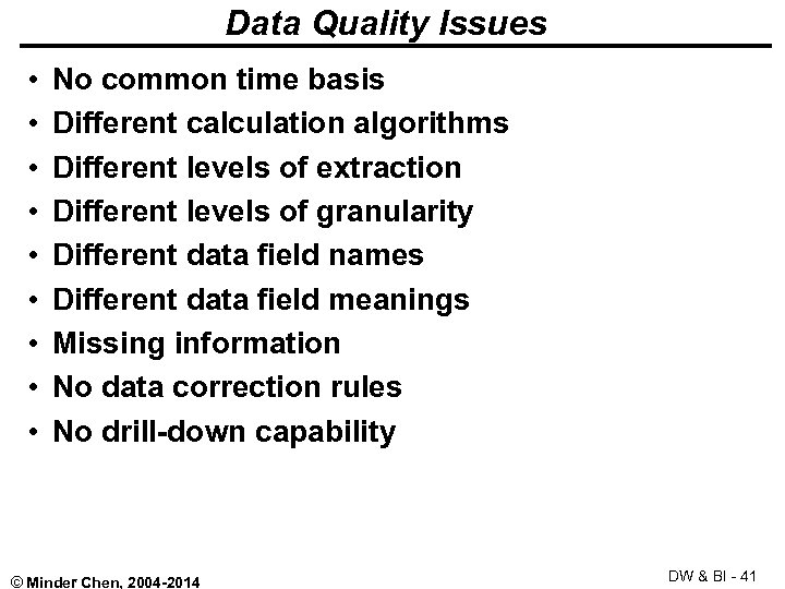Data Quality Issues • • • No common time basis Different calculation algorithms Different