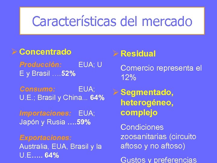 Características del mercado Ø Concentrado Producción: EUA; U E y Brasil …. 52% Consumo: