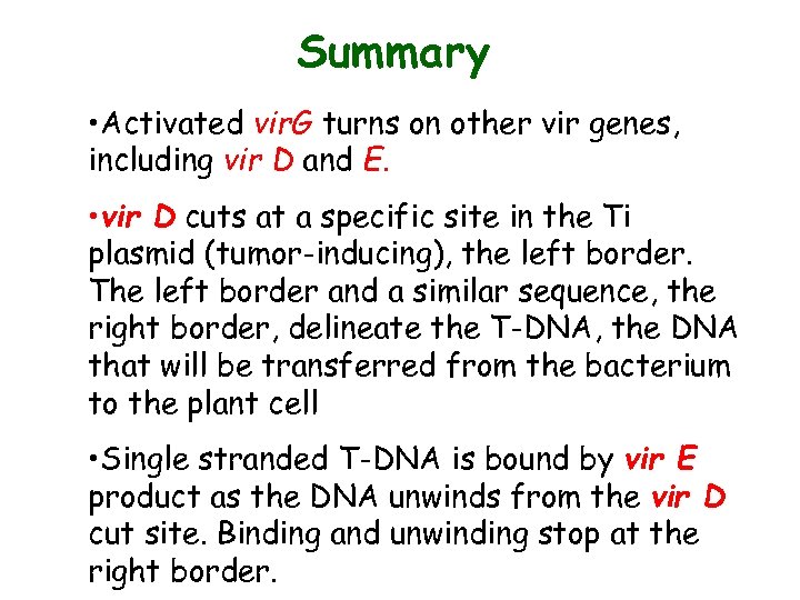 Summary • Activated vir. G turns on other vir genes, including vir D and