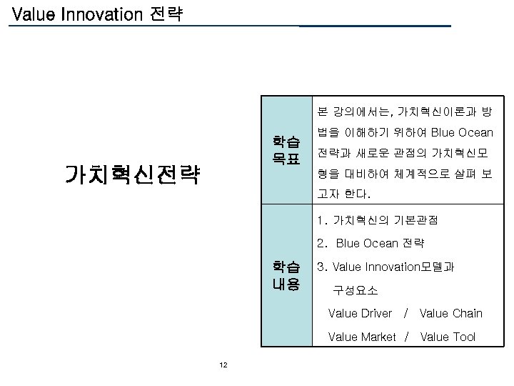 Value Innovation 전략 본 강의에서는, 가치혁신이론과 방 학습 목표 가치혁신전략 법을 이해하기 위하여 Blue