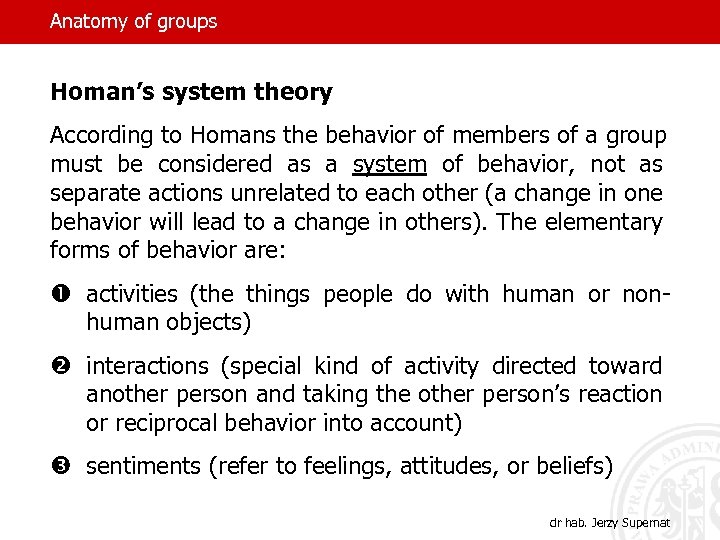 Anatomy of groups Homan’s system theory According to Homans the behavior of members of