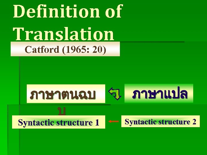 Definition of Translation Catford (1965: 20) ภาษาตนฉบ บ Syntactic structure 1 ภาษาแปล Syntactic structure