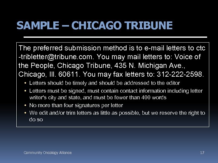 SAMPLE – CHICAGO TRIBUNE The preferred submission method is to e-mail letters to ctc