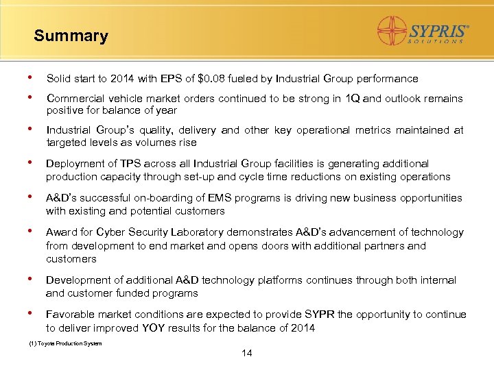 Summary • • Solid start to 2014 with EPS of $0. 08 fueled by