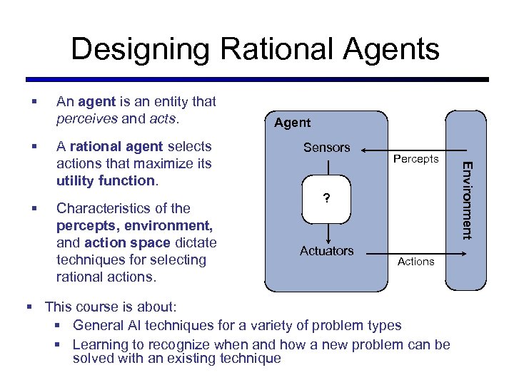 Designing Rational Agents § An agent is an entity that perceives and acts. A