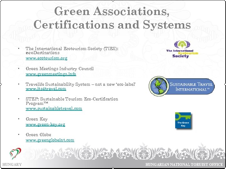 Green Associations, Certifications and Systems • The International Ecotourism Society (TIES): eco. Destinations www.