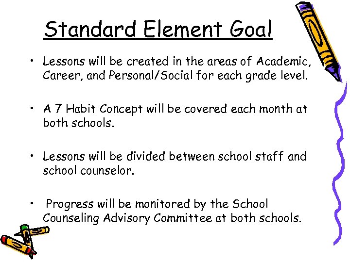 Standard Element Goal • Lessons will be created in the areas of Academic, Career,