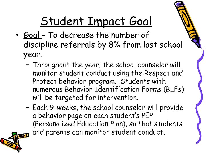 Student Impact Goal • Goal – To decrease the number of discipline referrals by