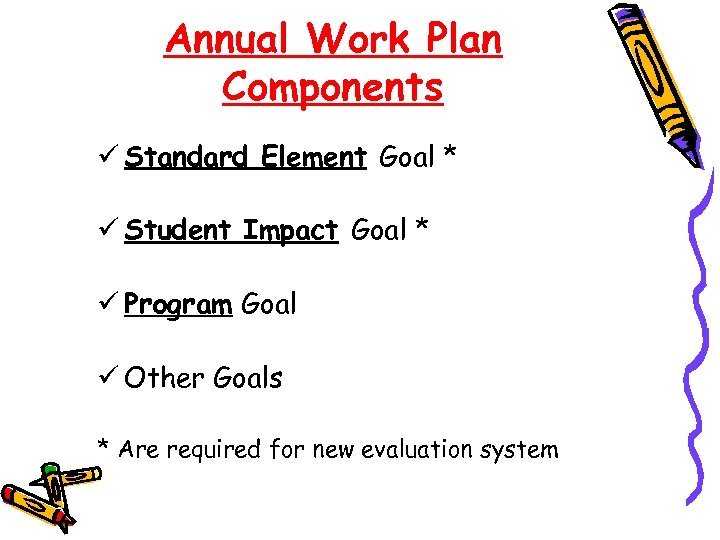 Annual Work Plan Components ü Standard Element Goal * ü Student Impact Goal *