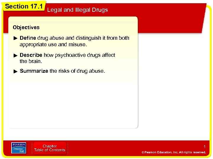 Section 17. 1 Legal and Illegal Drugs Objectives Define drug abuse and distinguish it
