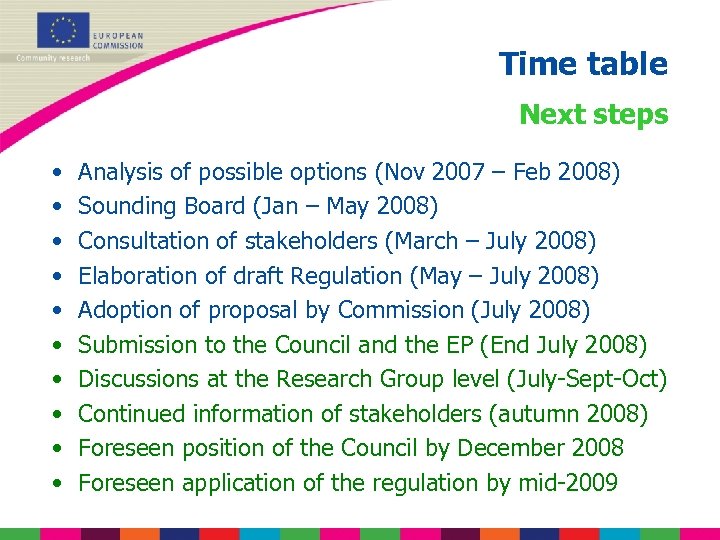 Time table Next steps • • • Analysis of possible options (Nov 2007 –