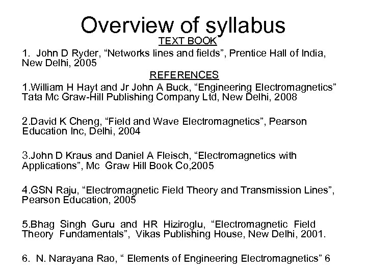 Overview of syllabus TEXT BOOK 1. John D Ryder, “Networks lines and fields”, Prentice