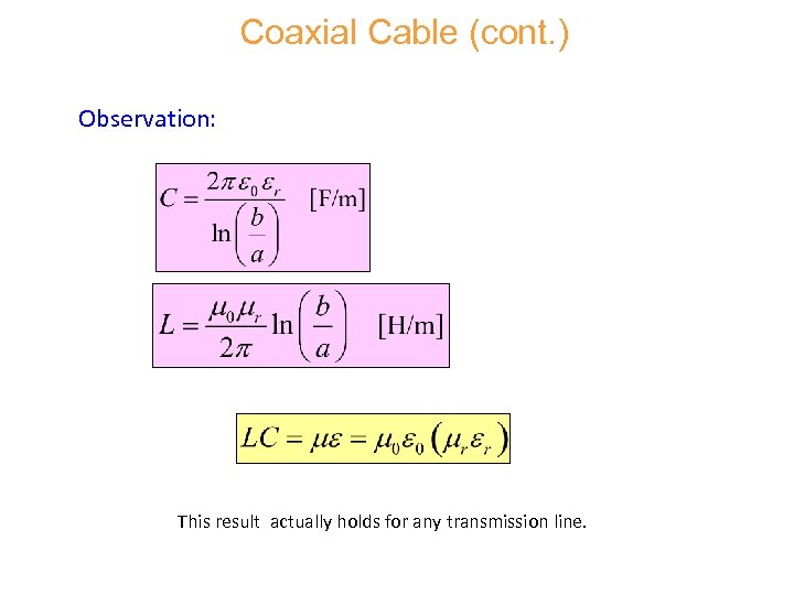 Coaxial Cable (cont. ) Observation: This result actually holds for any transmission line. 