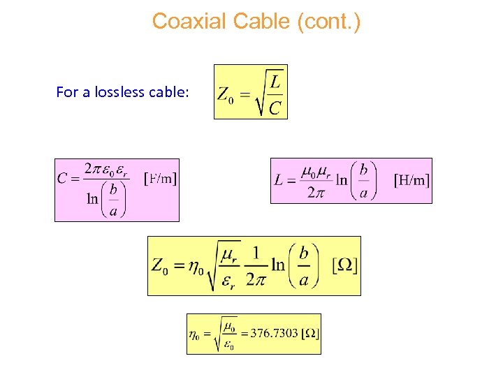 Coaxial Cable (cont. ) For a lossless cable: 