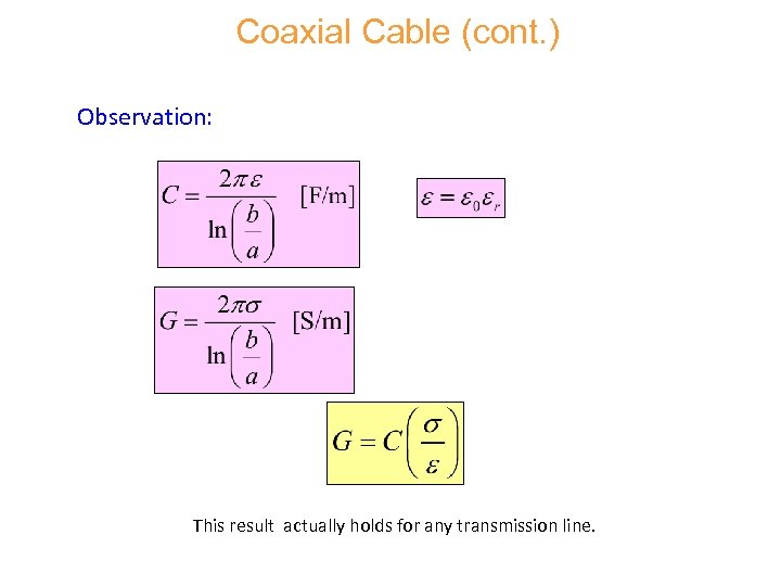 Coaxial Cable (cont. ) Observation: This result actually holds for any transmission line. 