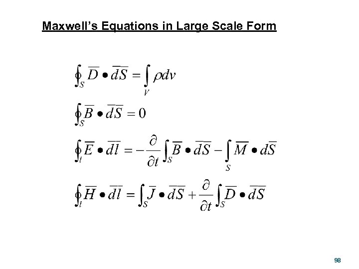 Maxwell’s Equations in Large Scale Form 98 