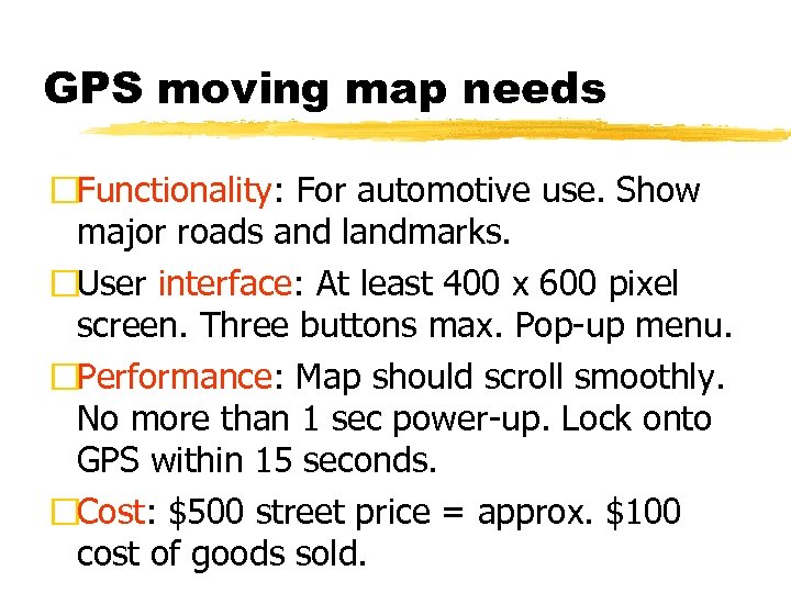 GPS moving map needs Functionality: For automotive use. Show major roads and landmarks. User