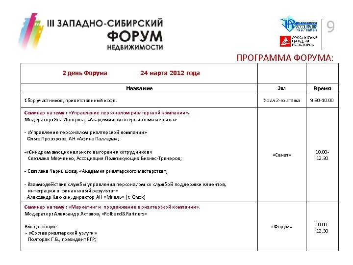 9 ПРОГРАММА ФОРУМА: 2 день Форума 24 марта 2012 года Название Сбор участников, приветственный