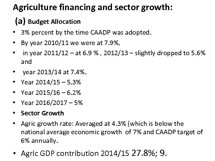 Agriculture financing and sector growth: (a) Budget Allocation • 3% percent by the time