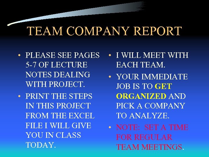 TEAM COMPANY REPORT • PLEASE SEE PAGES 5 -7 OF LECTURE NOTES DEALING WITH