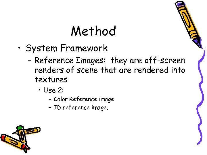 Method • System Framework – Reference Images: they are off-screen renders of scene that