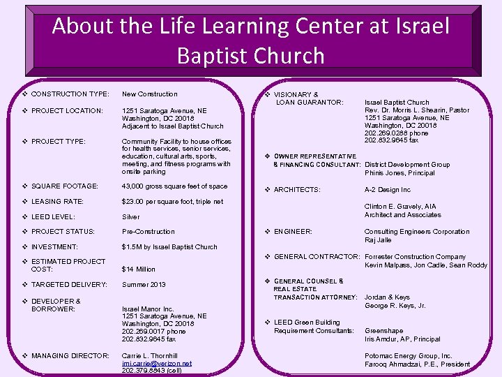 About the Life Learning Center at Israel Baptist Church v CONSTRUCTION TYPE: New Construction