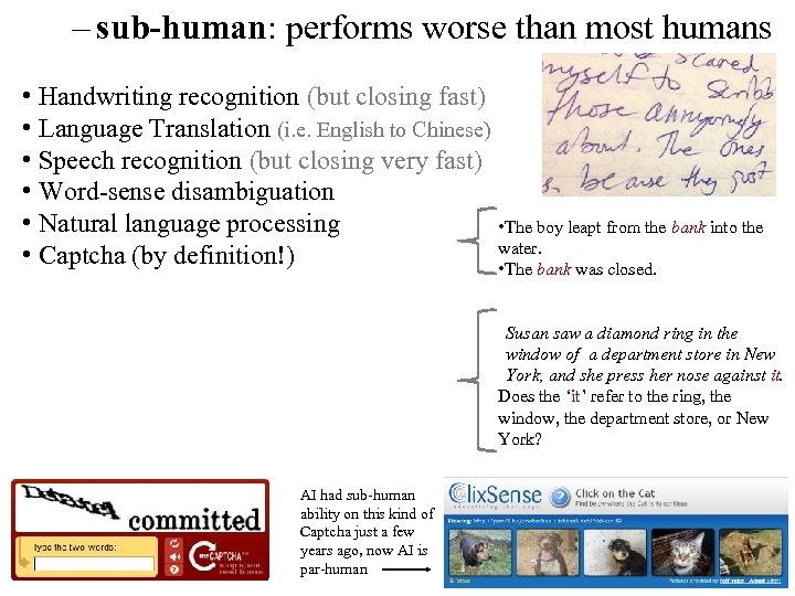– sub-human: performs worse than most humans • Handwriting recognition (but closing fast) •