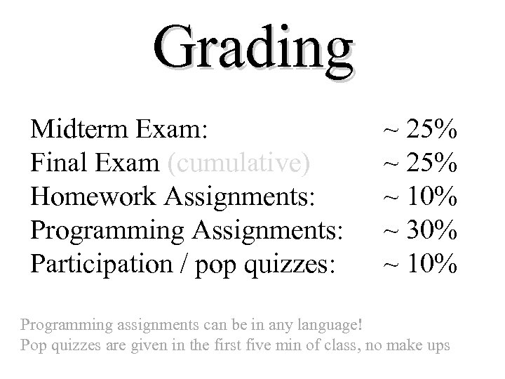 Grading Midterm Exam: Final Exam (cumulative) Homework Assignments: Programming Assignments: Participation / pop quizzes: