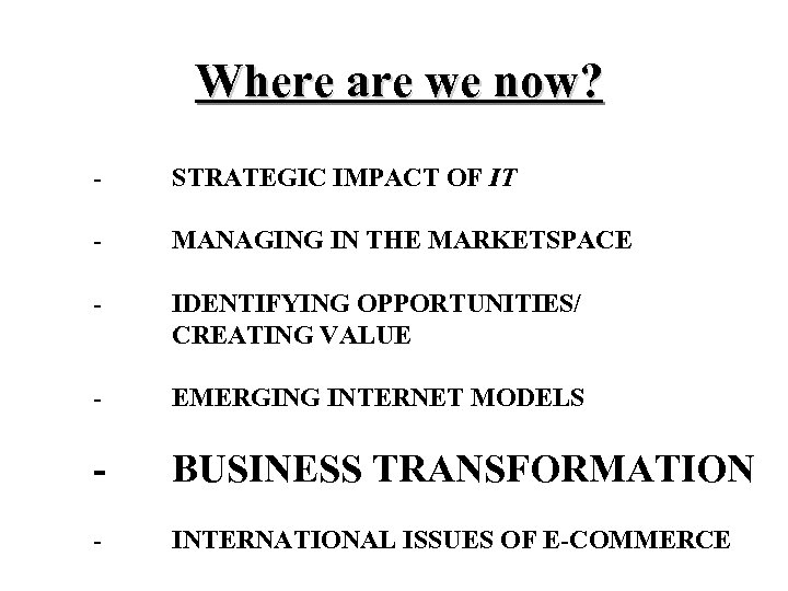 Where are we now? - STRATEGIC IMPACT OF IT - MANAGING IN THE MARKETSPACE