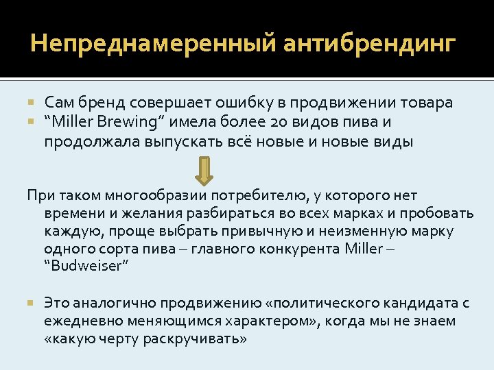 Непреднамеренный антибрендинг Сам бренд совершает ошибку в продвижении товара “Miller Brewing” имела более 20