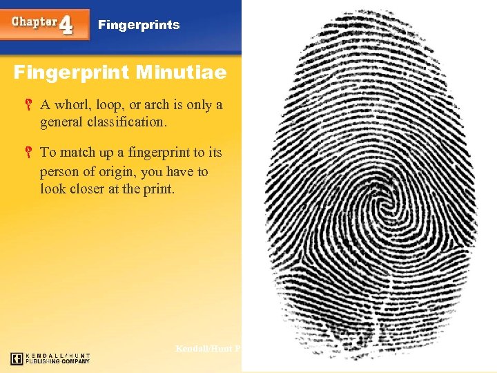 Fingerprints Fingerprint Minutiae L A whorl, loop, or arch is only a general classification.