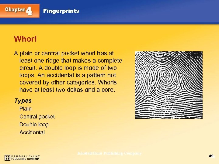 Fingerprints Whorl A plain or central pocket whorl has at least one ridge that