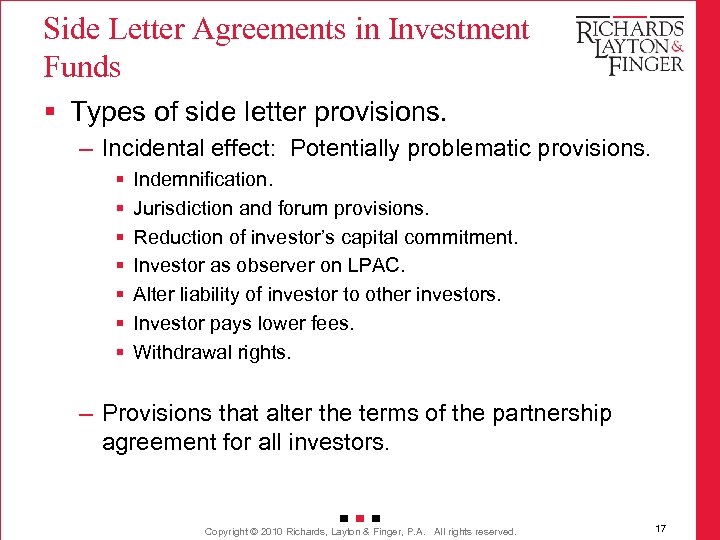 Side Letter Agreements in Investment Funds § Types of side letter provisions. – Incidental