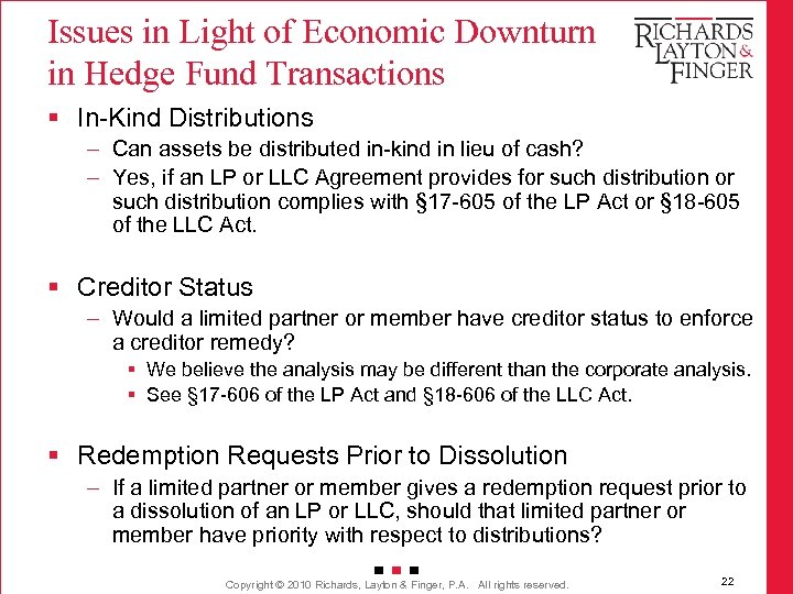 Issues in Light of Economic Downturn in Hedge Fund Transactions § In-Kind Distributions –
