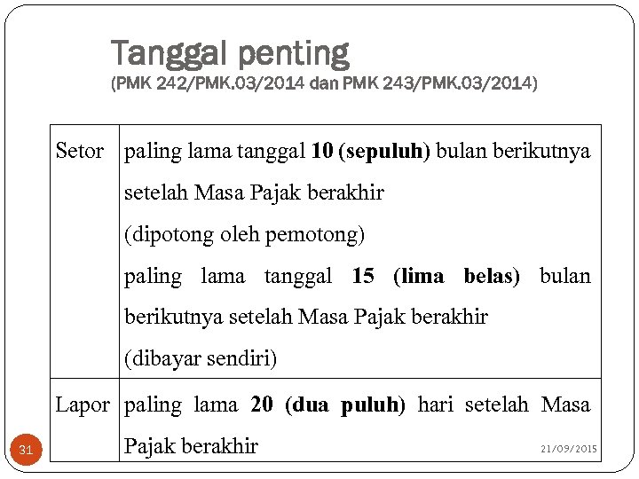 Tanggal penting (PMK 242/PMK. 03/2014 dan PMK 243/PMK. 03/2014) Setor paling lama tanggal 10