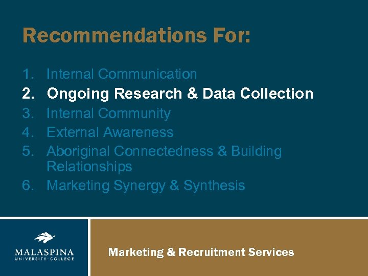 Recommendations For: 1. Internal Communication 2. Ongoing Research & Data Collection 3. Internal Community