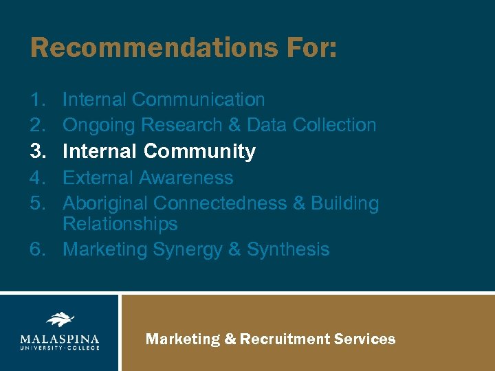 Recommendations For: 1. Internal Communication 2. Ongoing Research & Data Collection 3. Internal Community